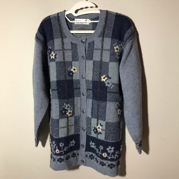 VTG Tulchan wool button up S cardigan sweater embroidered floral argyle cottage - Picture 1 of 11